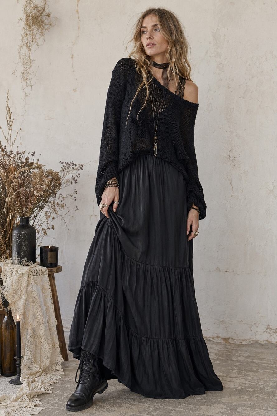 Express Black Tiered Maxi Skirt XL Satin Flowy Dark Boho Whimsigoth Fairy Grunge